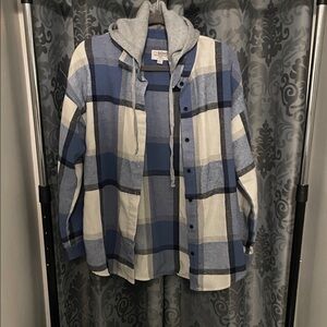 Ci Sono Navy and White Plaid Shirt with Gray Hoodie